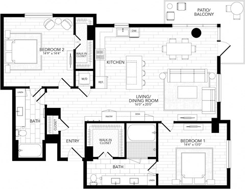 Floor plan for 2 beds, 2 baths, 1470 sqft